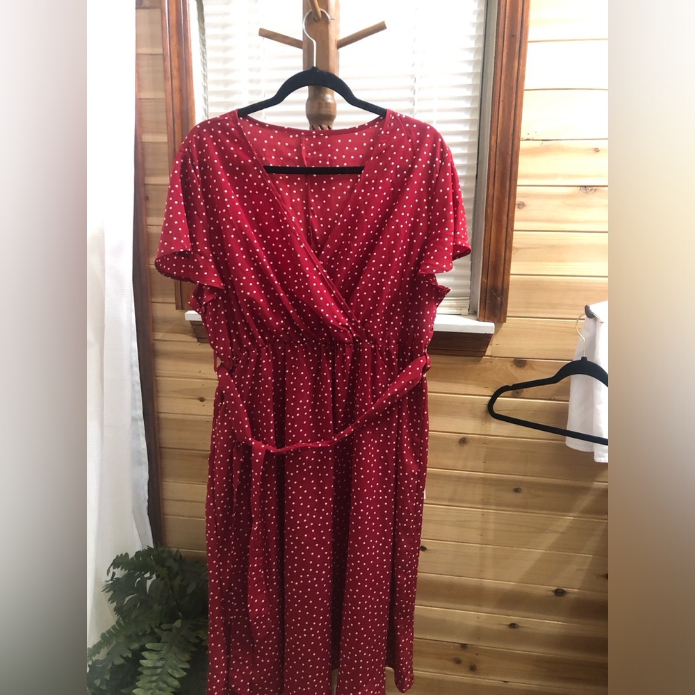 SHEIN Red and White Polka Dot Midi Dress